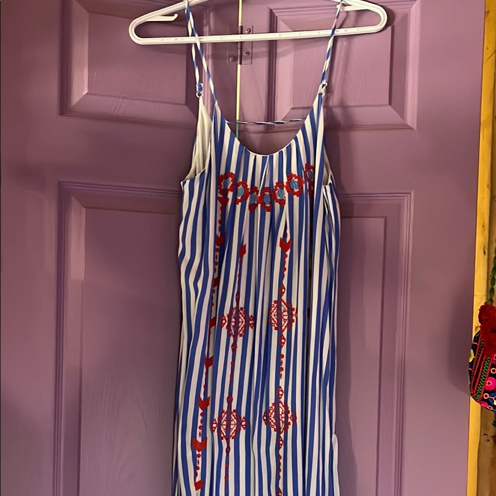 THML Blue and White Striped Slip Dress with Red Embroidery